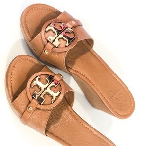 Tory Burch Mid Wedges Brown Slide On Leather Shoes